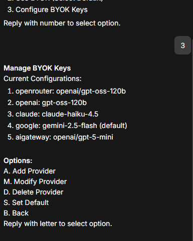 BYOK configuration list example